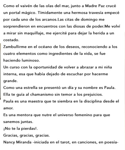 Nancy Miranda, iniciada en el tarot Madrepaz
